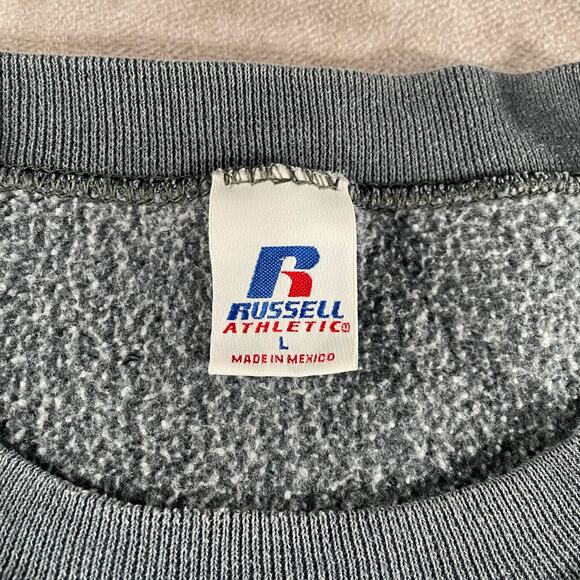 90’s Vintage Russell Athletic Logo Patch Grey Blue Blank Cozy Soft Sweatshirt - Picture 3 of 4
